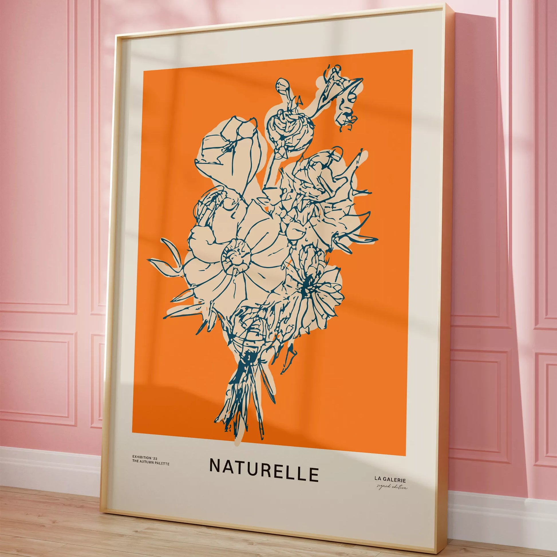 オレンジ背景にモダンな線画で描かれた花束アート