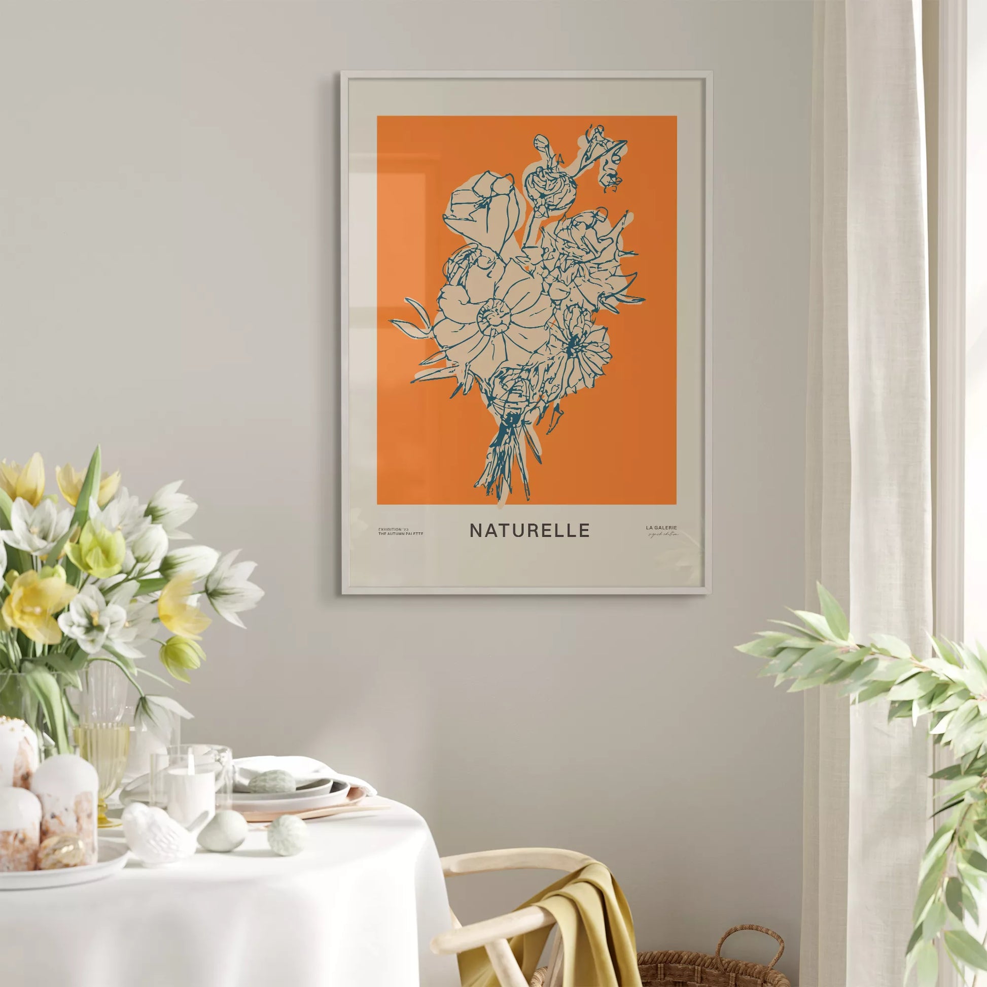 オレンジ背景にモダンな線画で描かれた花束アート