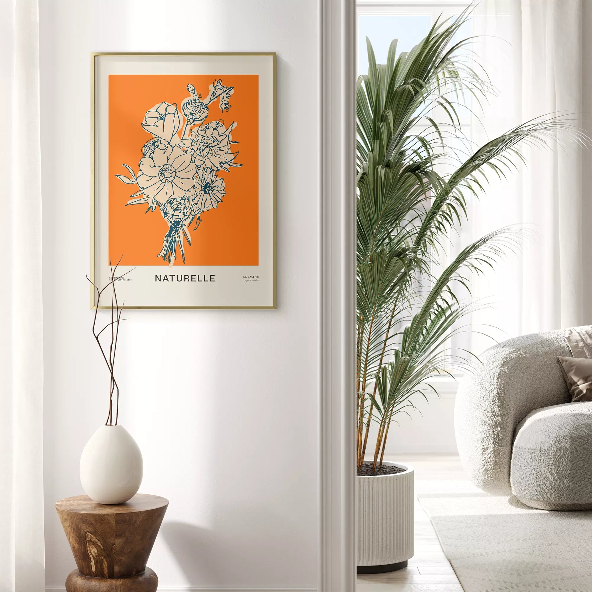 オレンジ背景にモダンな線画で描かれた花束アート