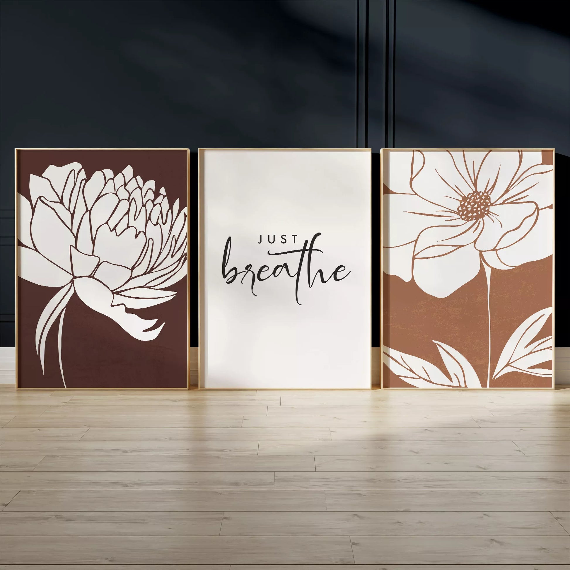 ブラウンとホワイトの花柄アートと癒しのメッセージポスター3枚セット