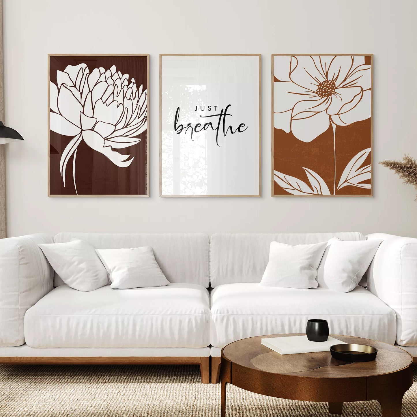 ブラウンとホワイトの花柄アートと癒しのメッセージポスター3枚セット