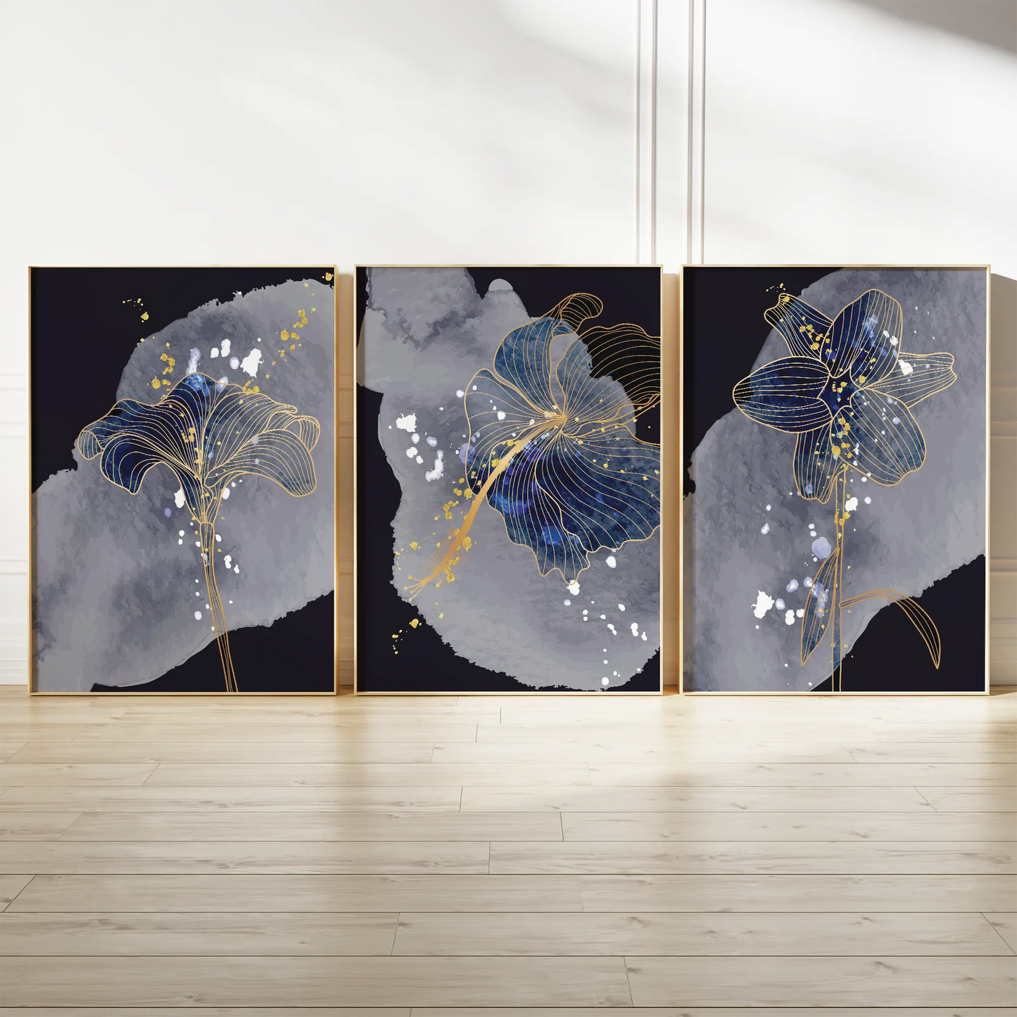 抽象フローラルゴールドラインの高級感あるアートポスター 北欧モダンインテリア 3枚セット
