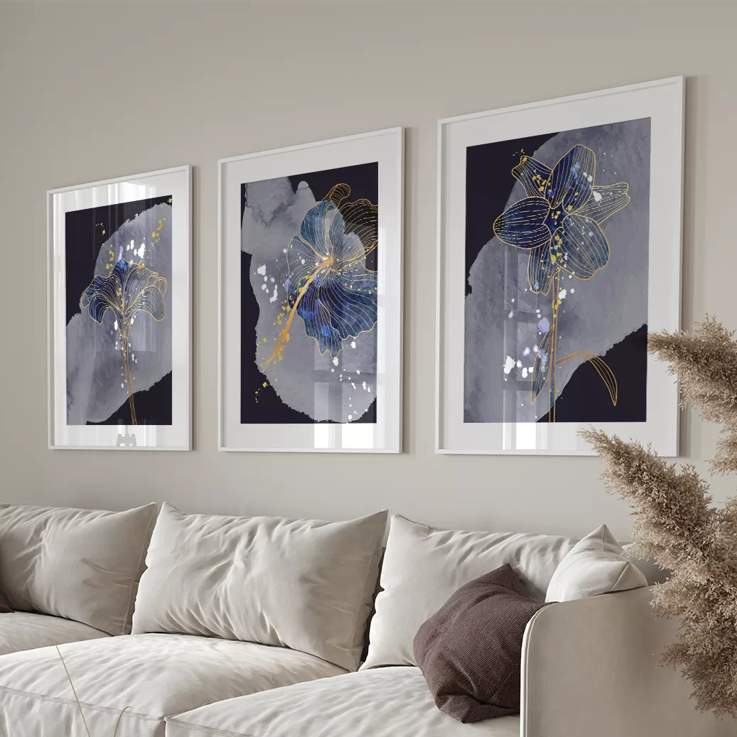 ネイビー背景にゴールドラインの花柄アート3枚セット抽象画
