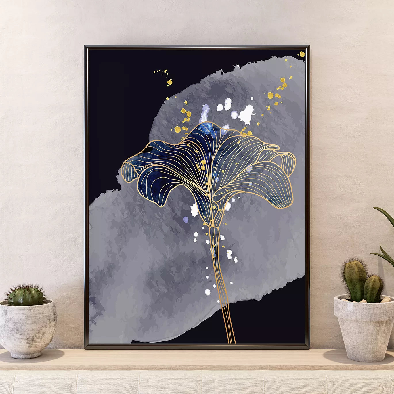 ネイビー背景にゴールドラインの花柄アート3枚セット抽象画