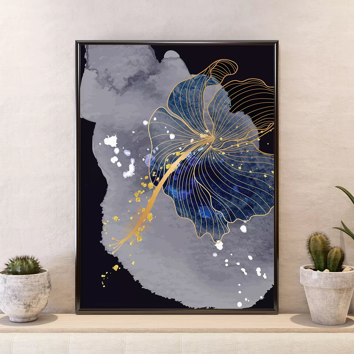 ネイビー背景にゴールドラインの花柄アート3枚セット抽象画