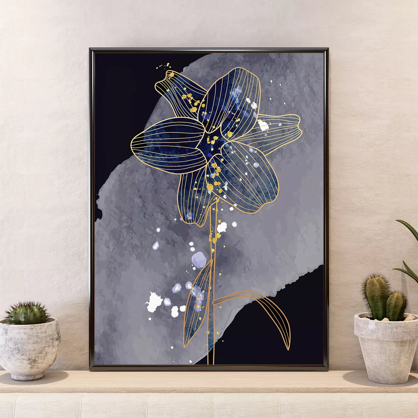 ネイビー背景にゴールドラインの花柄アート3枚セット抽象画