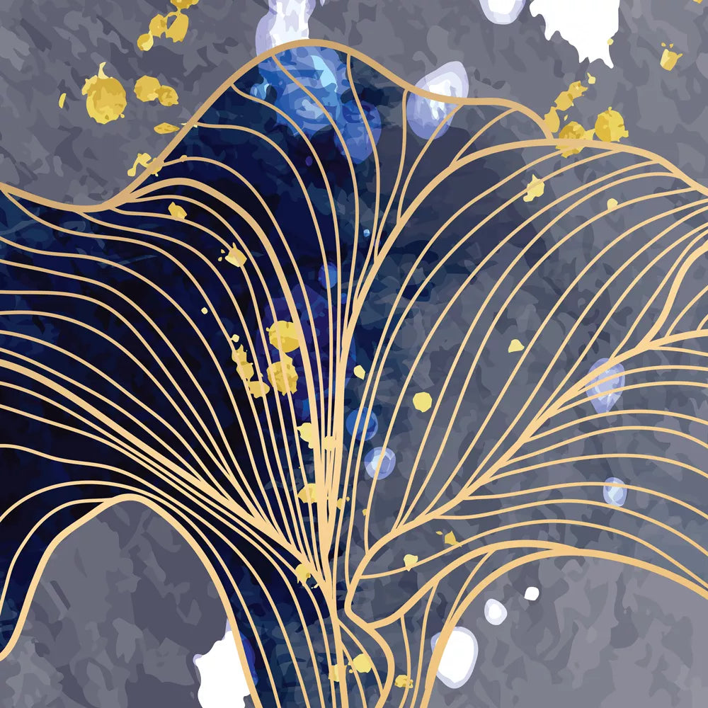 ネイビー背景にゴールドラインの花柄アート3枚セット抽象画