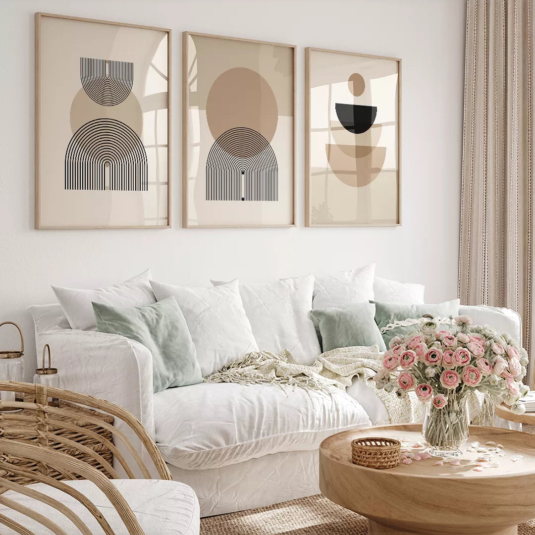 幾何学的な円とアーチのモダンな3点セットアートポスター