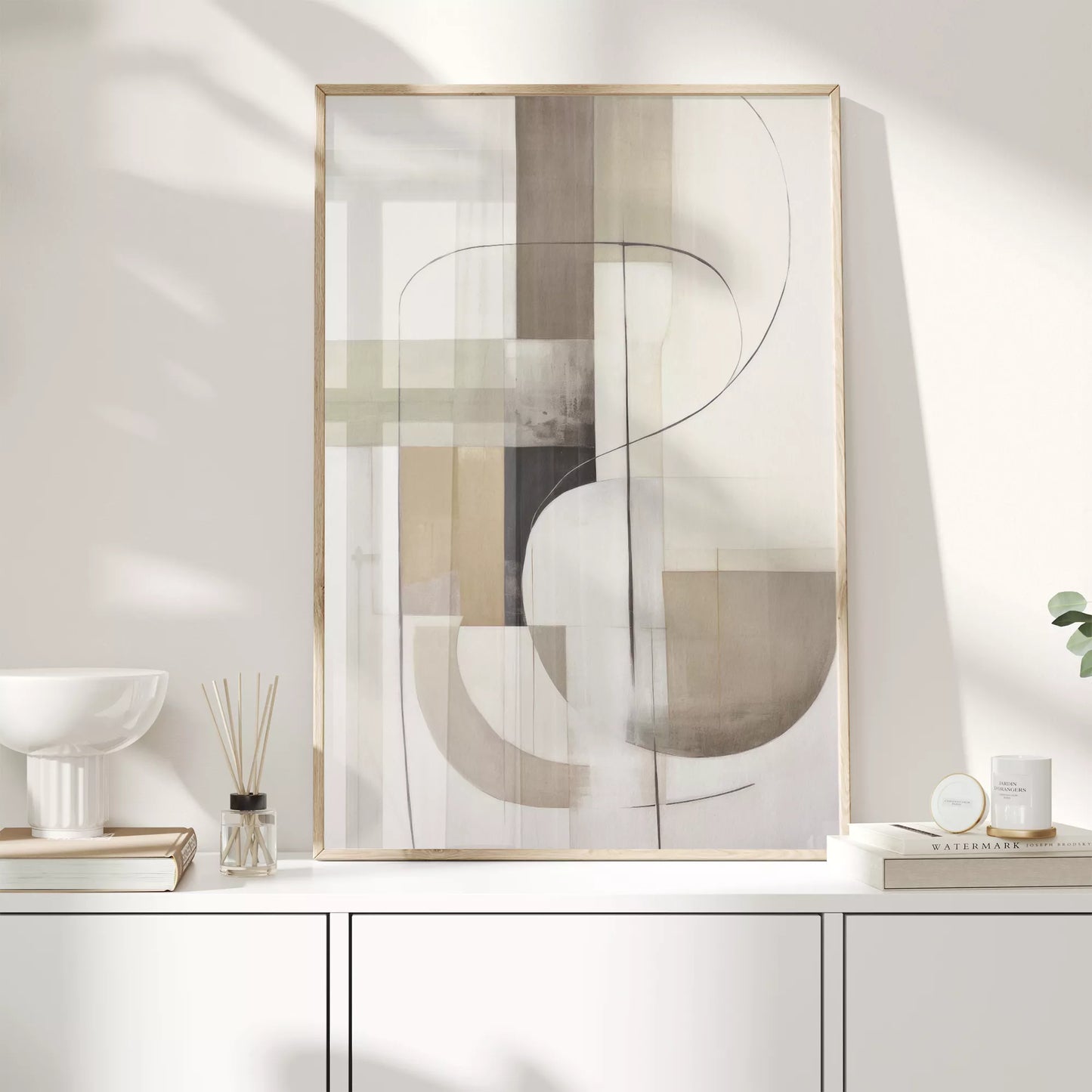 モダンな幾何学的抽象アート、ベージュとグレーの曲線デザイン