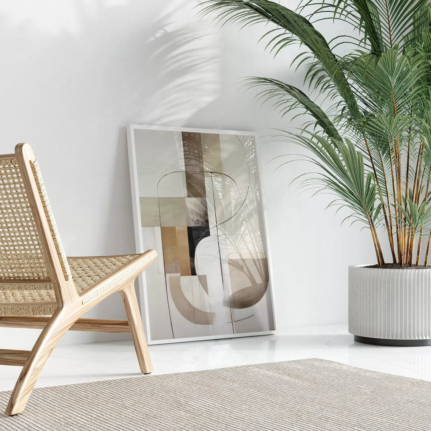 モダンな幾何学的抽象アート、ベージュとグレーの曲線デザイン