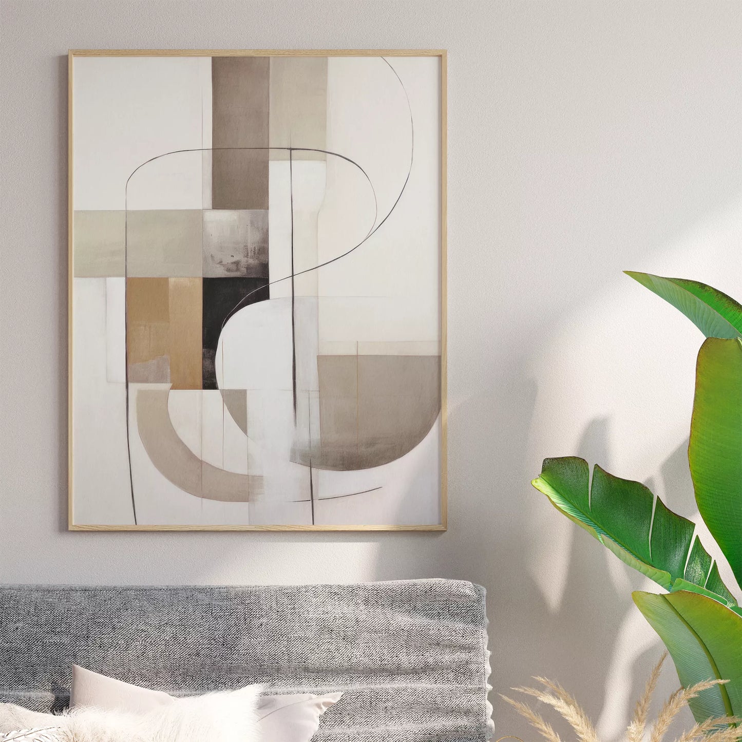 モダンな幾何学的抽象アート、ベージュとグレーの曲線デザイン