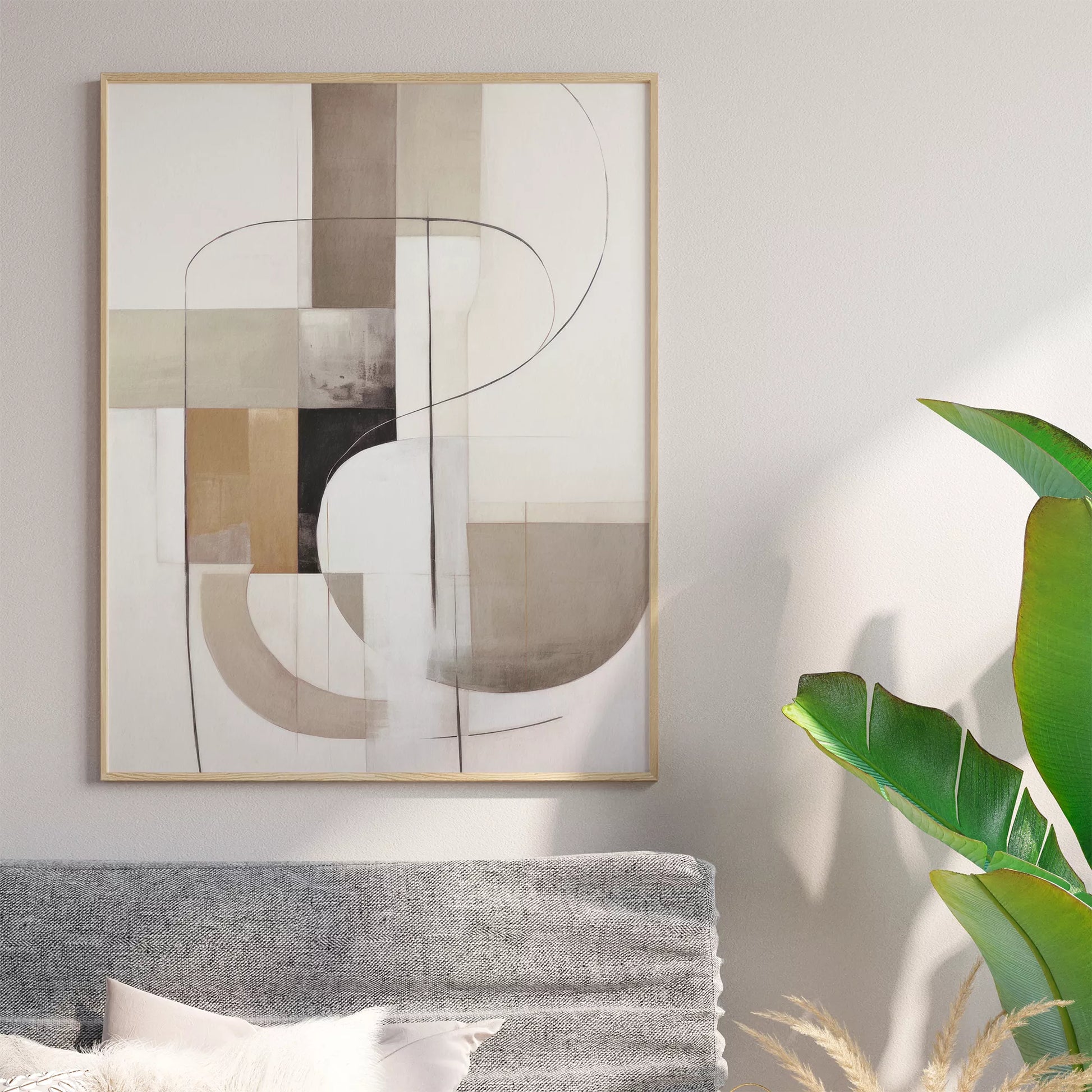 モダンな幾何学的抽象アート、ベージュとグレーの曲線デザイン