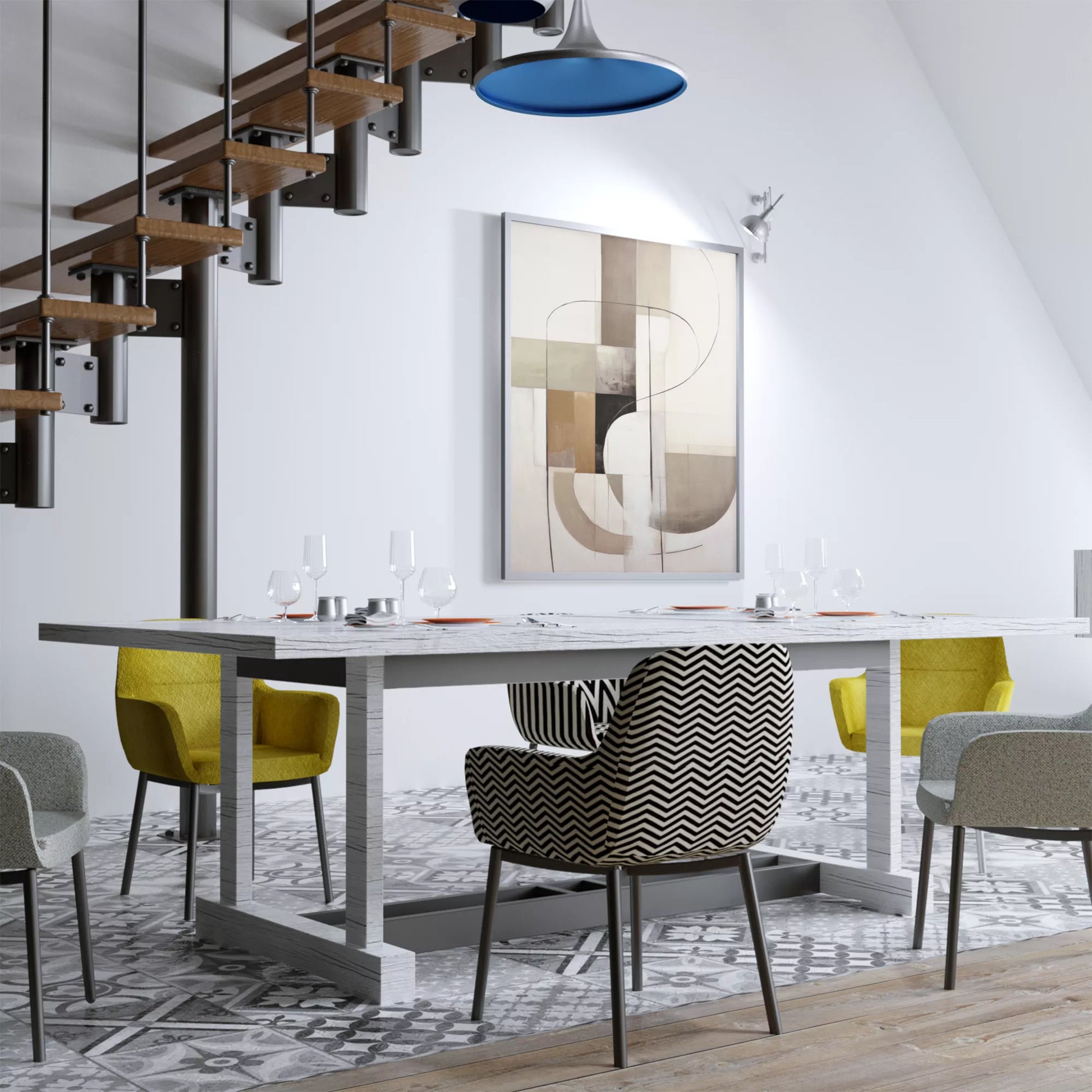 モダンな幾何学的抽象アート、ベージュとグレーの曲線デザイン