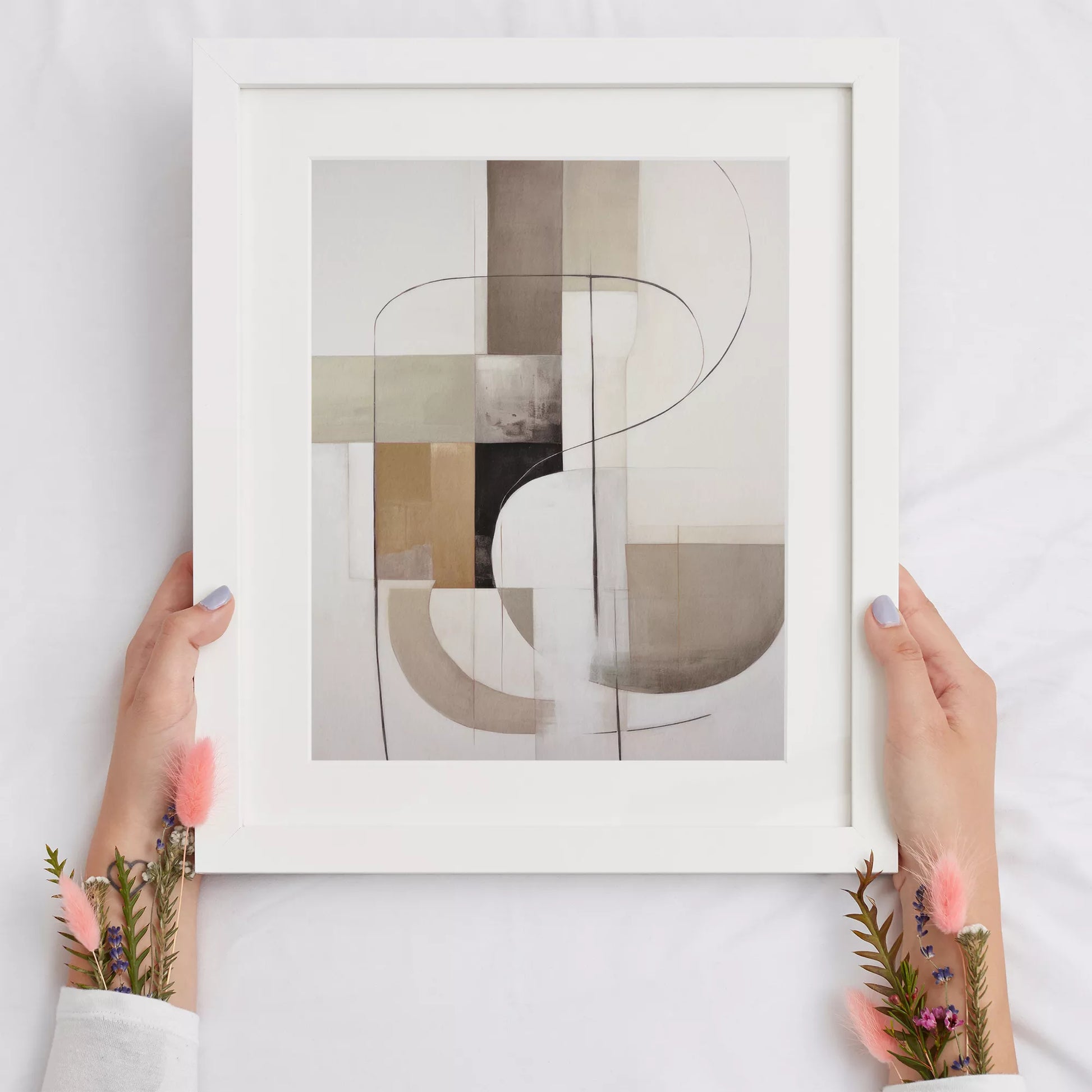 モダンな幾何学的抽象アート、ベージュとグレーの曲線デザイン