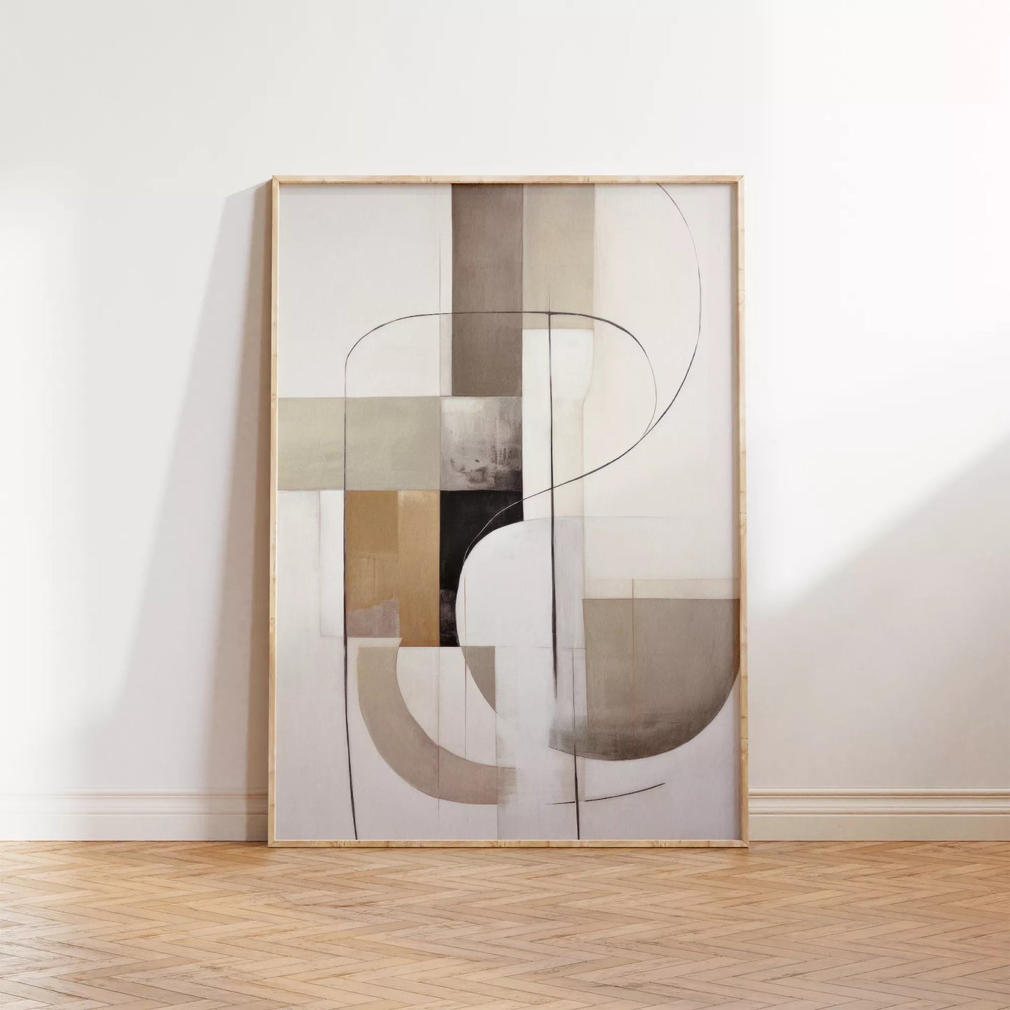 モダンな幾何学的抽象アート、ベージュとグレーの曲線デザイン