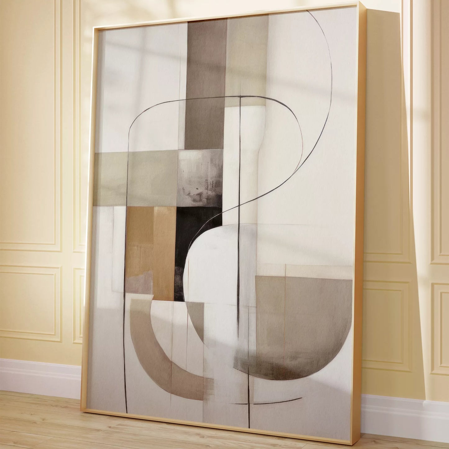 モダンな幾何学的抽象アート、ベージュとグレーの曲線デザイン