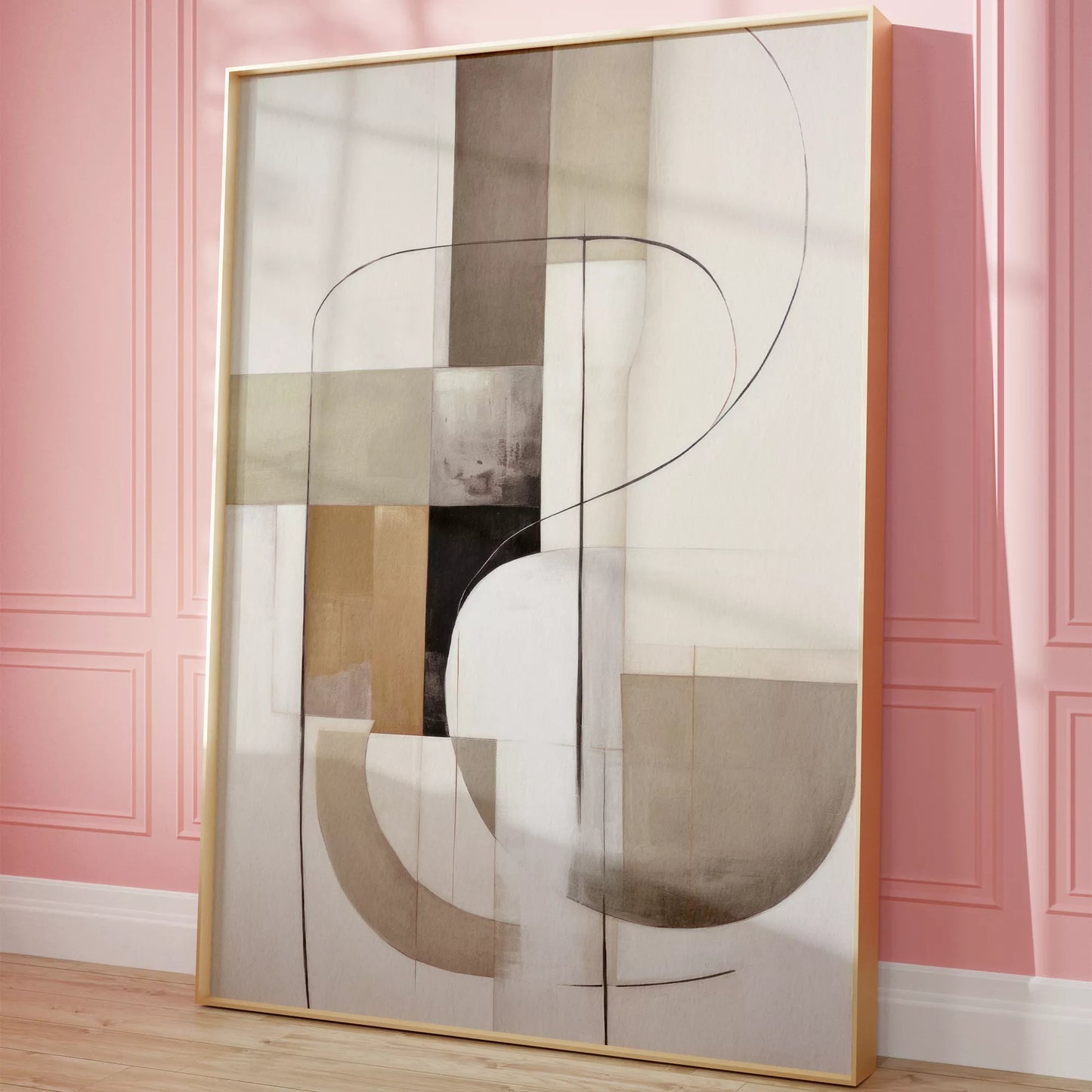 モダンな幾何学的抽象アート、ベージュとグレーの曲線デザイン