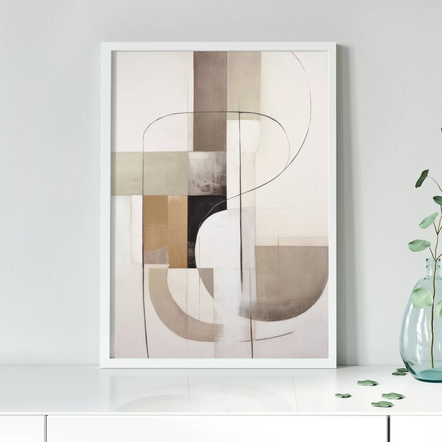 モダンな幾何学的抽象アート、ベージュとグレーの曲線デザイン