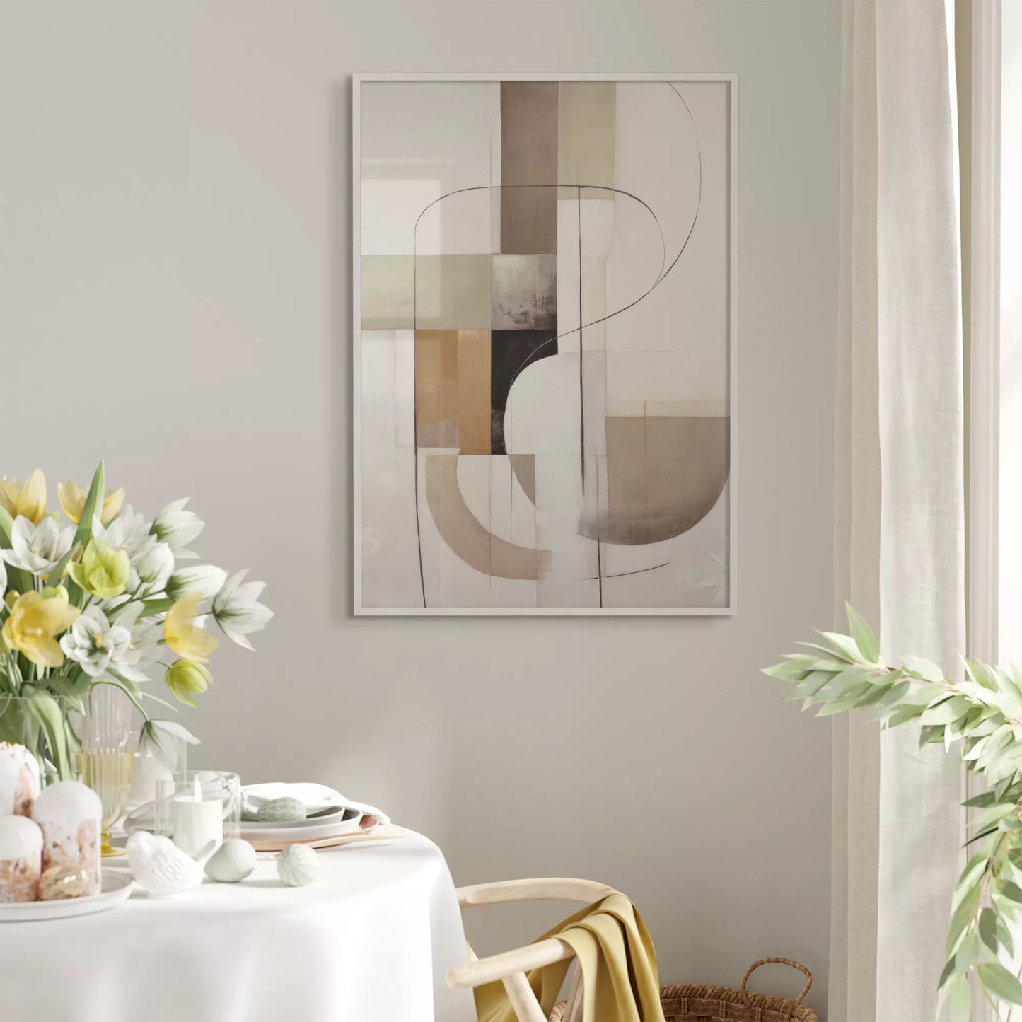 モダンな幾何学的抽象アート、ベージュとグレーの曲線デザイン