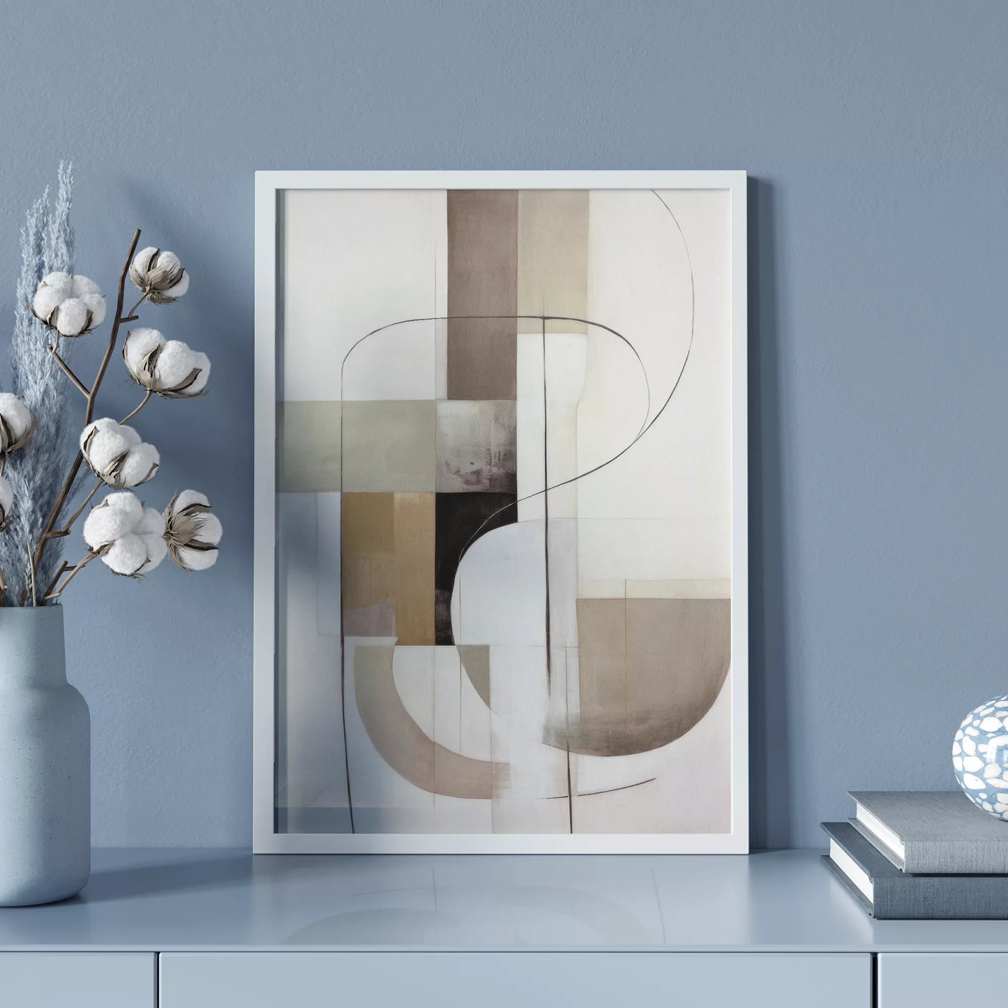 モダンな幾何学的抽象アート、ベージュとグレーの曲線デザイン