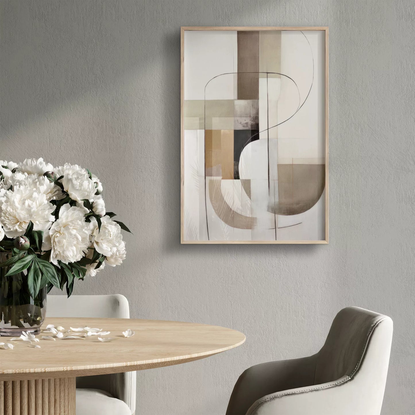 モダンな幾何学的抽象アート、ベージュとグレーの曲線デザイン