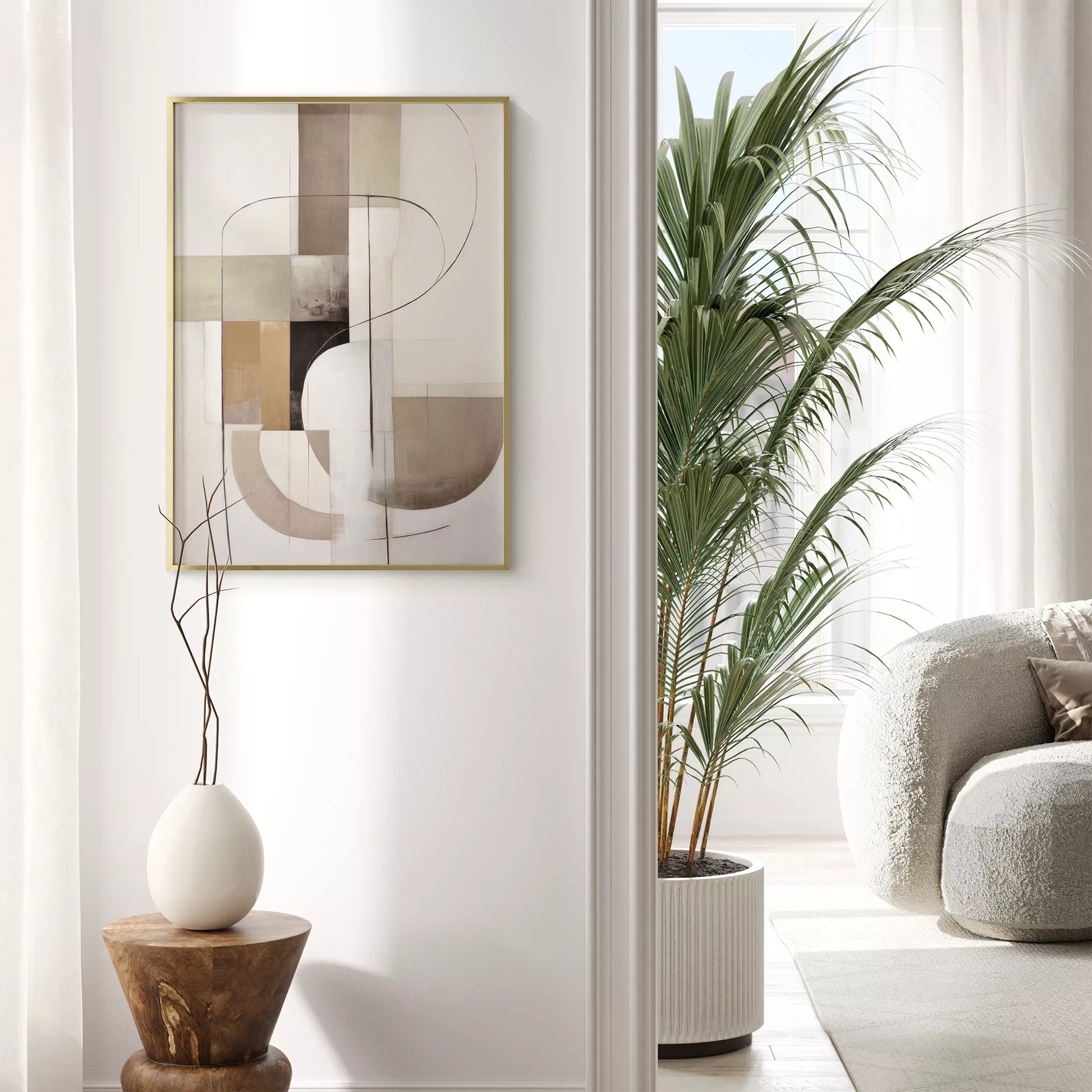 モダンな幾何学的抽象アート、ベージュとグレーの曲線デザイン