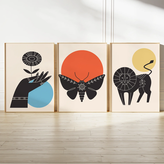 ミニマルな動物モチーフと幾何学アクセントの北欧モダンアートポスター 3枚セット