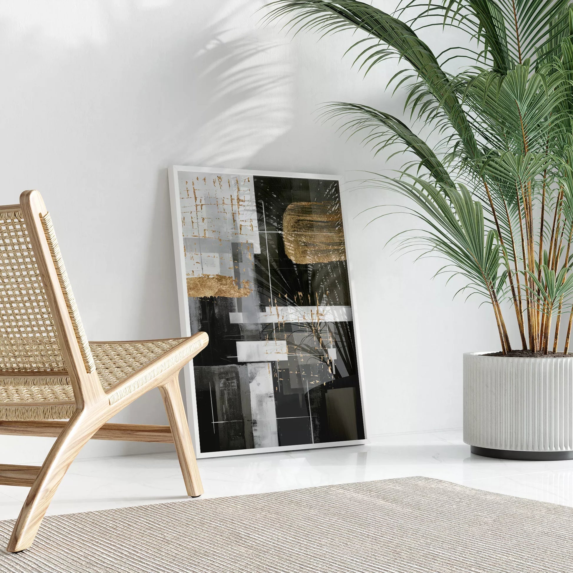 モノトーンと金箔が織りなす幾何学的な抽象アート