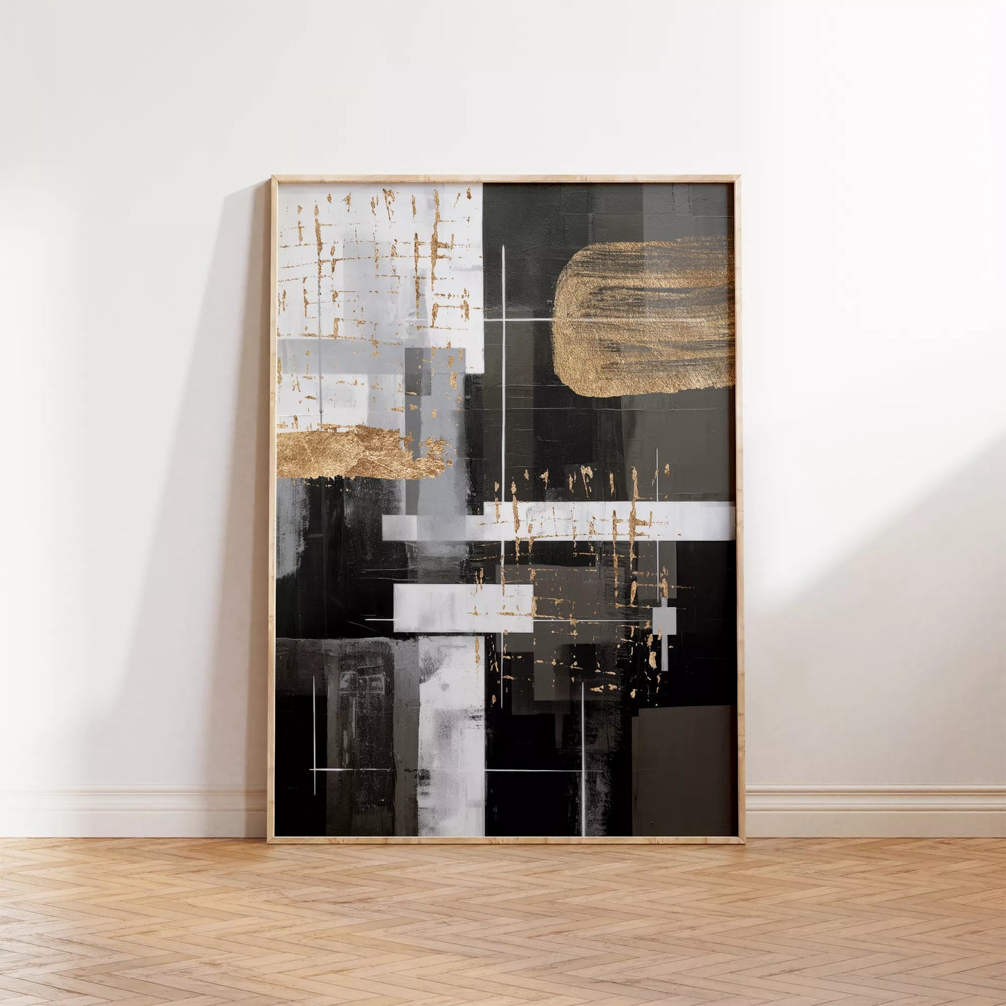 モノトーンと金箔が織りなす幾何学的な抽象アート