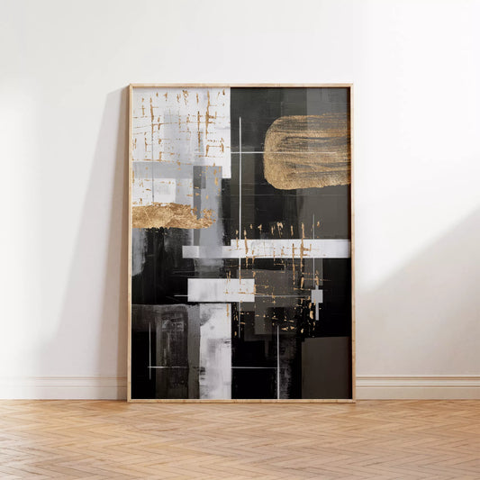 モノトーンと金箔が織りなす幾何学的な抽象アート