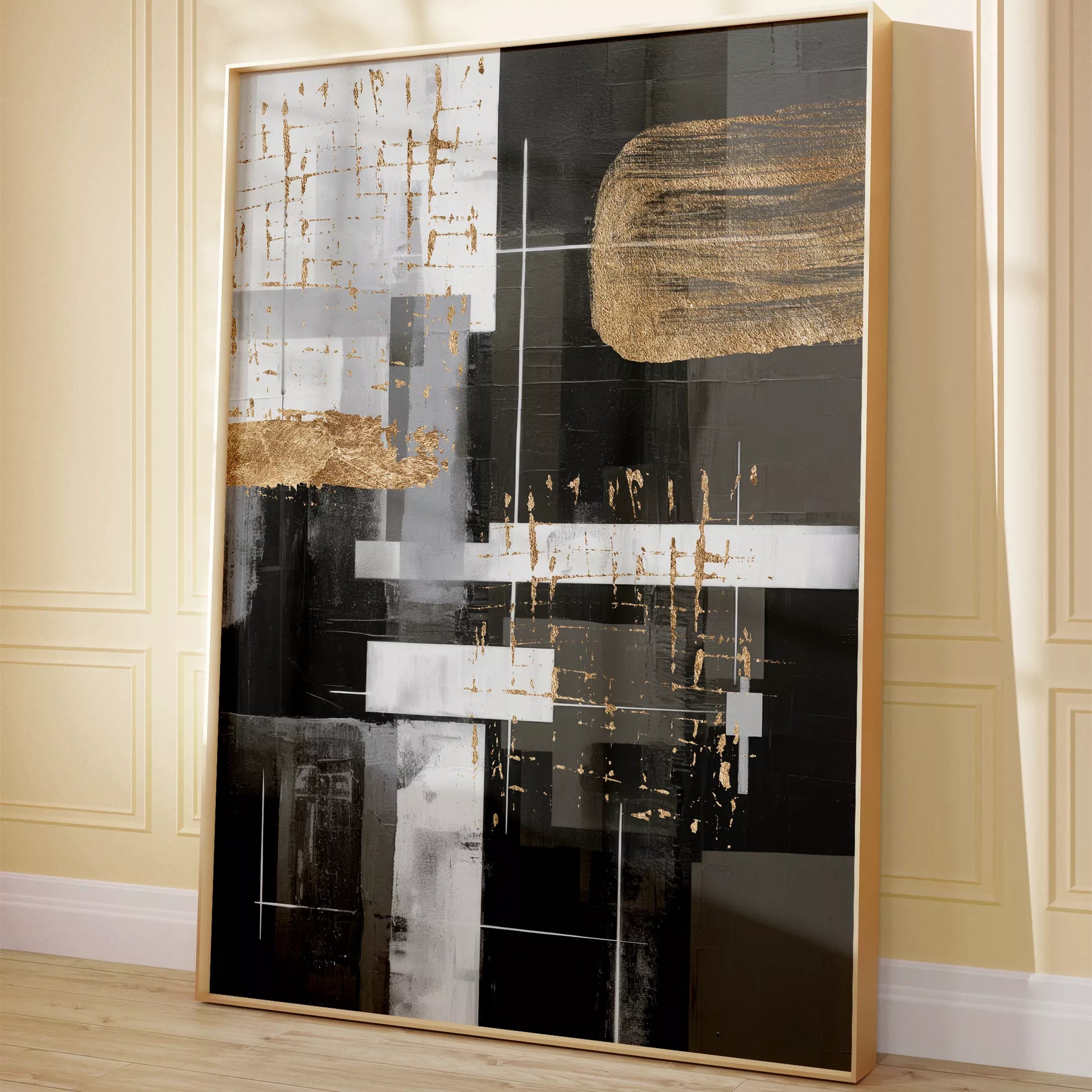 モノトーンと金箔が織りなす幾何学的な抽象アート