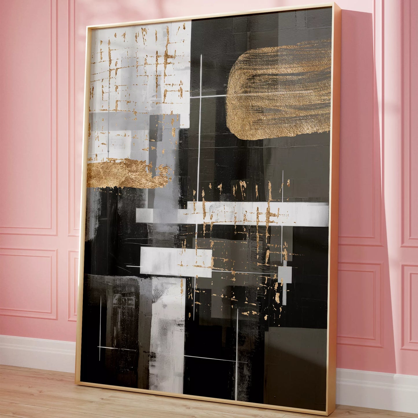 モノトーンと金箔が織りなす幾何学的な抽象アート