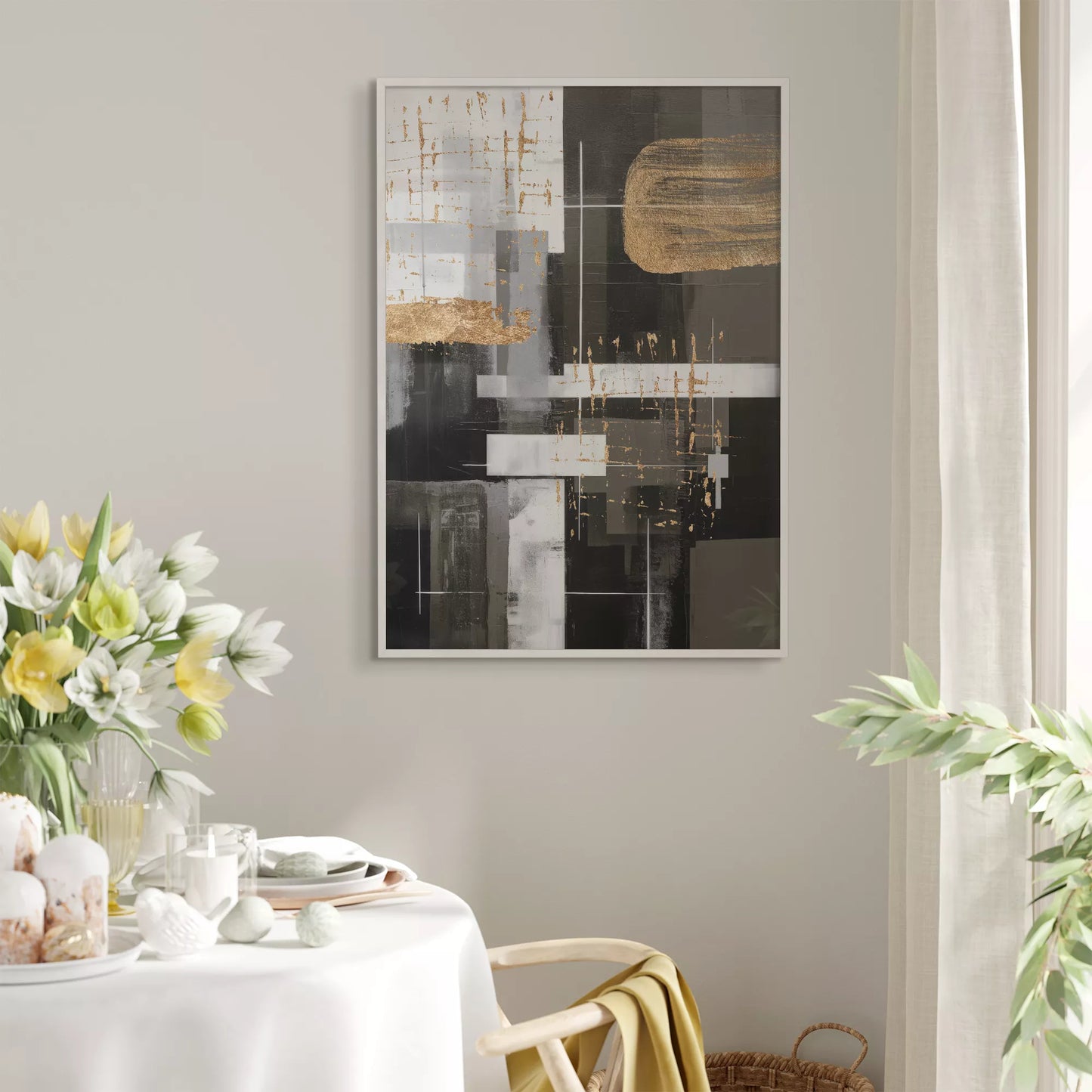 モノトーンと金箔が織りなす幾何学的な抽象アート