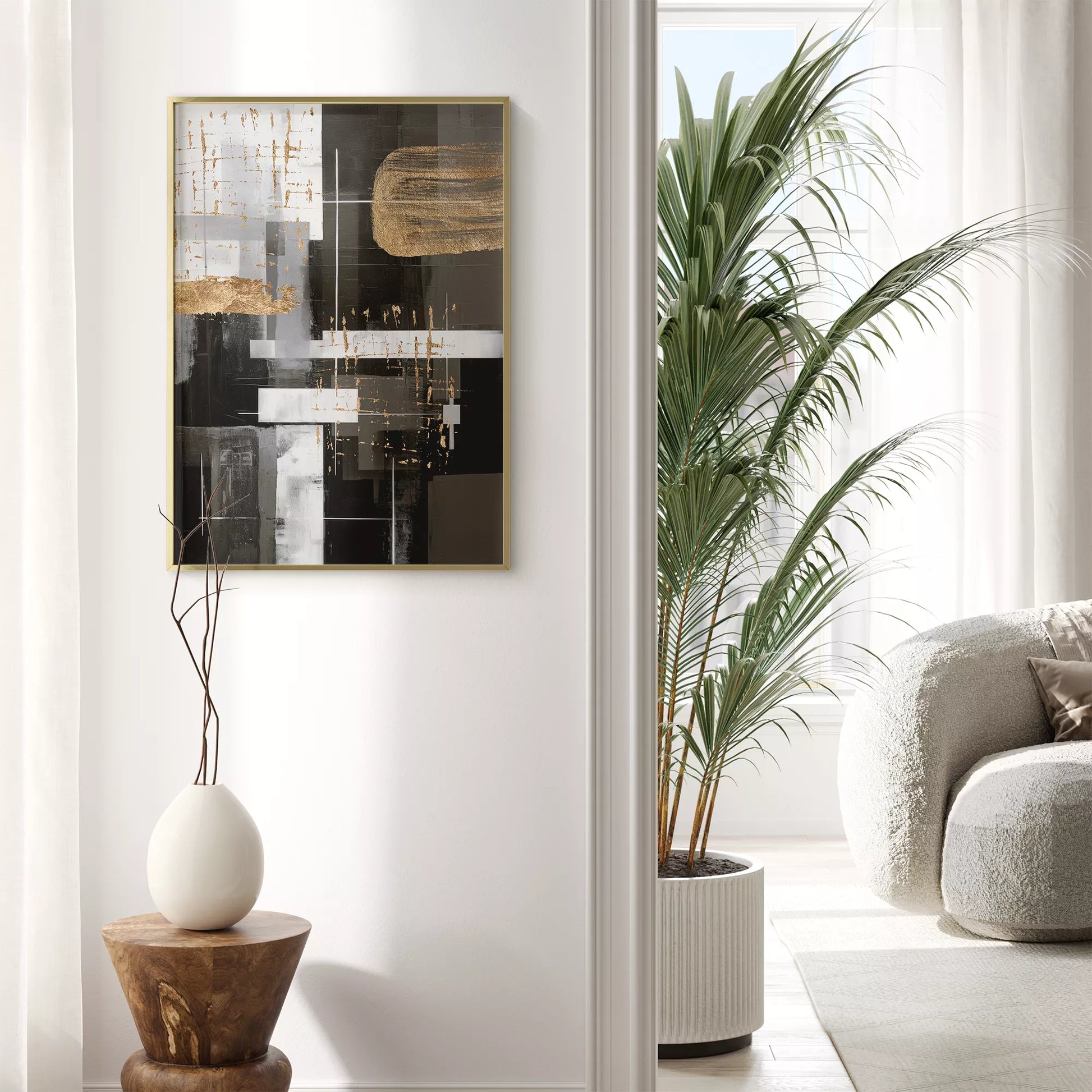 モノトーンと金箔が織りなす幾何学的な抽象アート