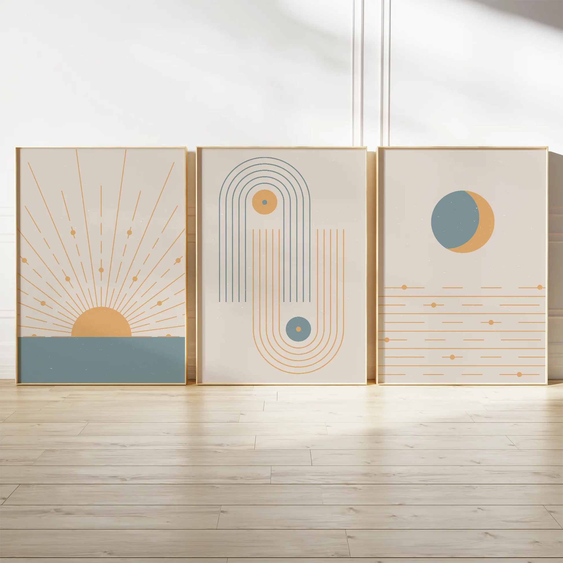 幾何学サンライズとレインボーアーチとムーンの北欧ミニマルアートポスター 3枚セット