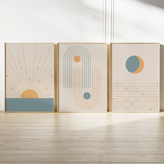 幾何学サンライズとレインボーアーチとムーンの北欧ミニマルアートポスター 3枚セット
