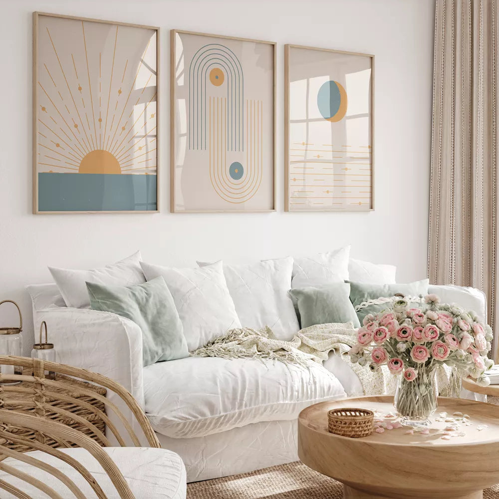 幾何学的な日の出と月のミニマルデザイン3点セットアートポスター