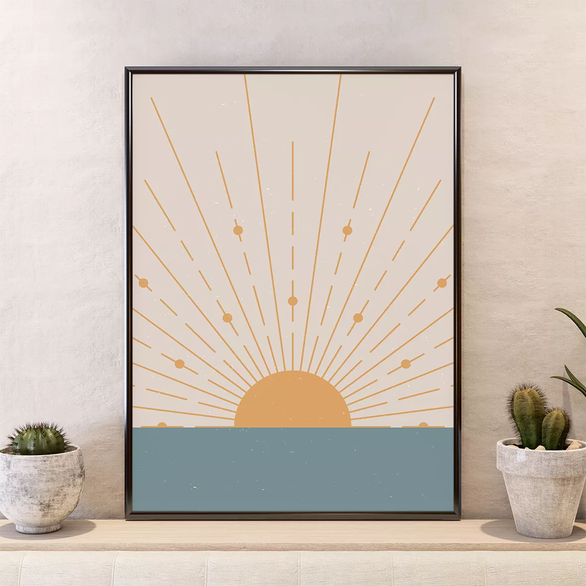 幾何学的な日の出と月のミニマルデザイン3点セットアートポスター