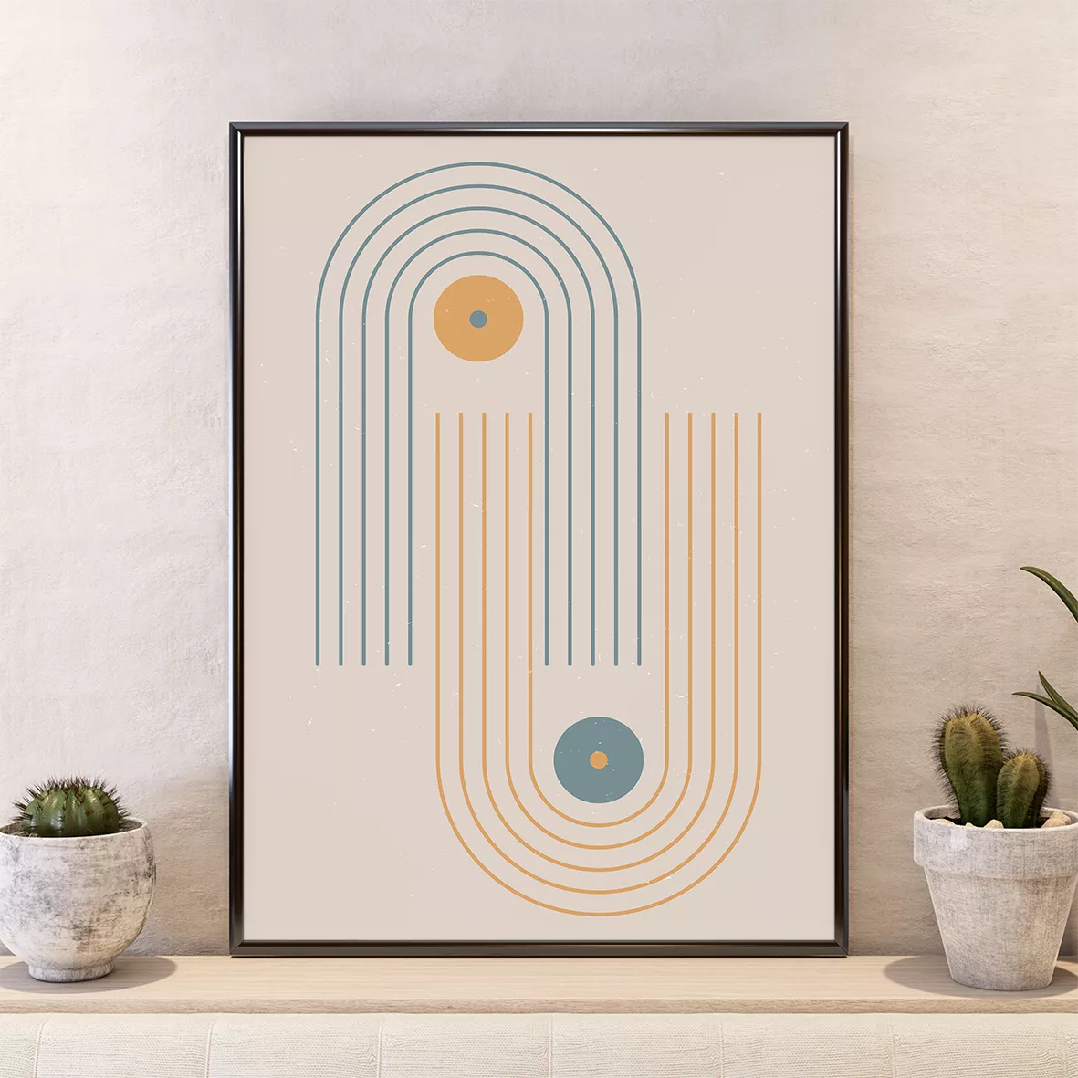 幾何学的な日の出と月のミニマルデザイン3点セットアートポスター