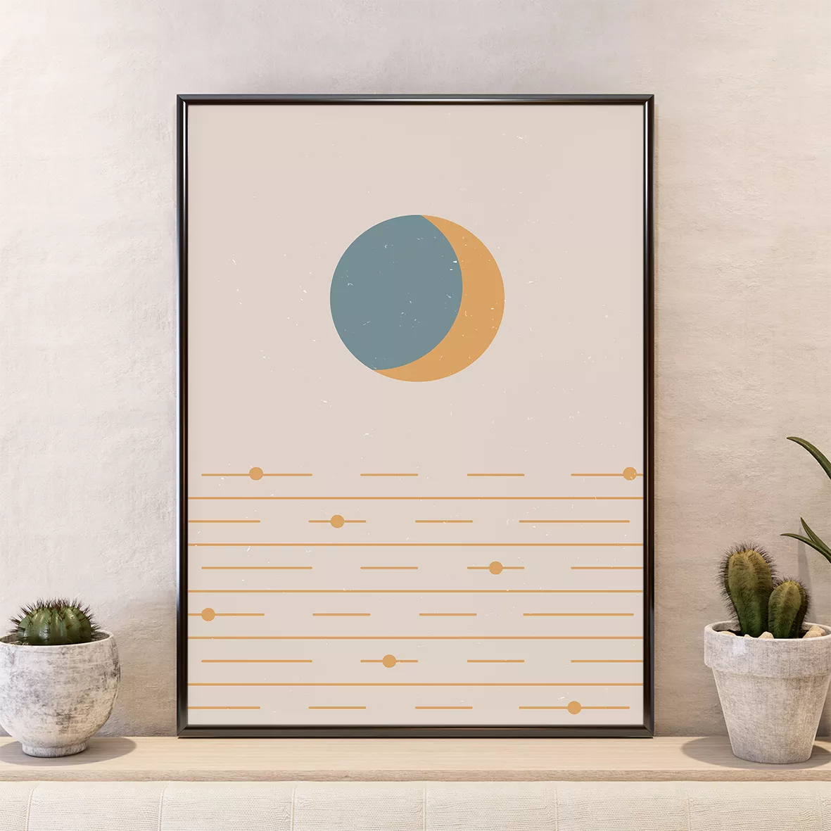 幾何学的な日の出と月のミニマルデザイン3点セットアートポスター