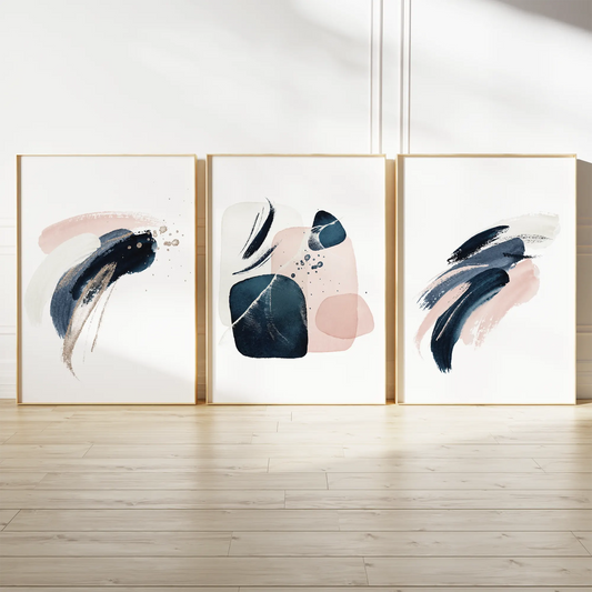 ネイビーとピンクの抽象インクブラシアートポスター 北欧モダン 部屋装飾 3枚セット