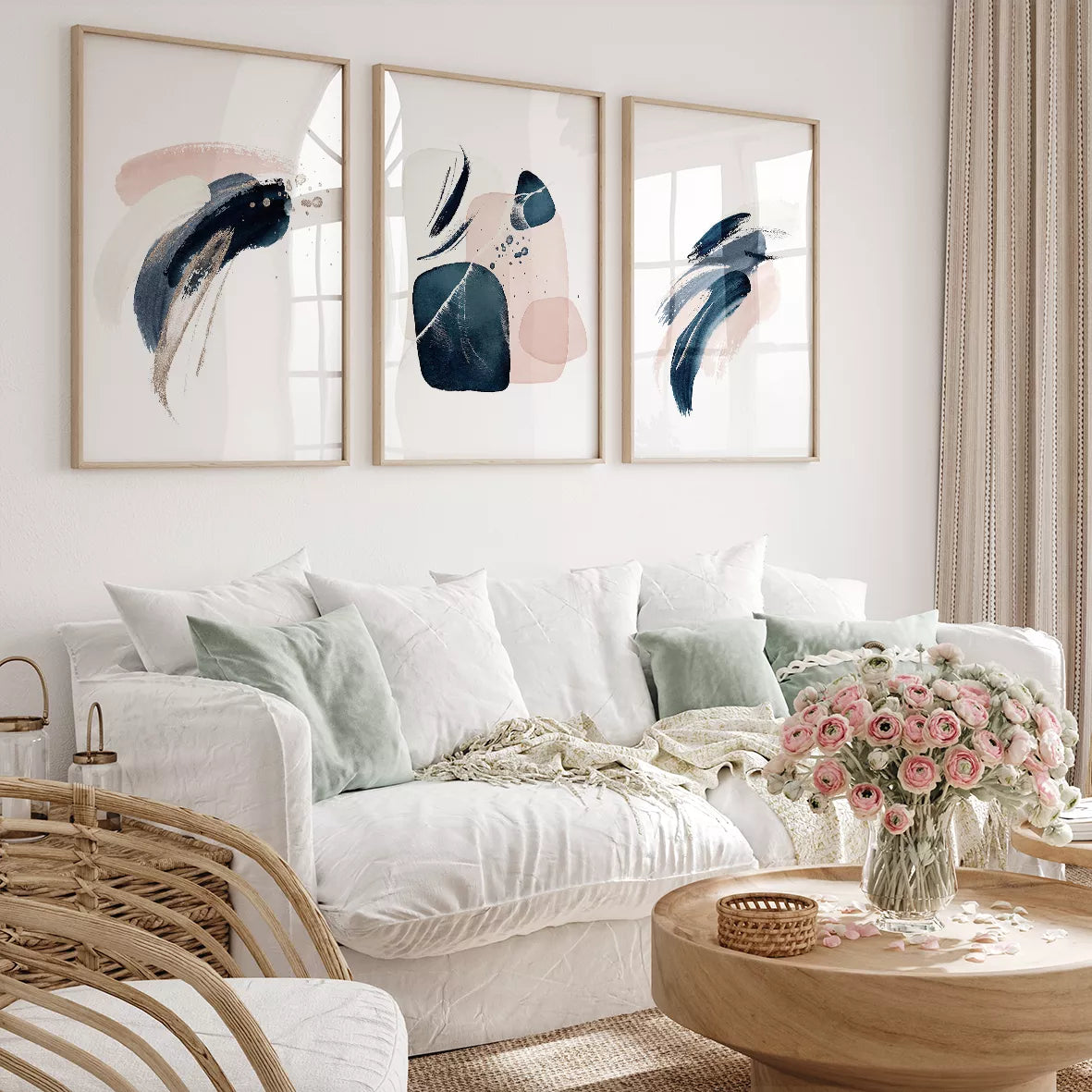 モダン墨絵アート3点セット:紺青とピンクの抽象的な筆跡デザイン