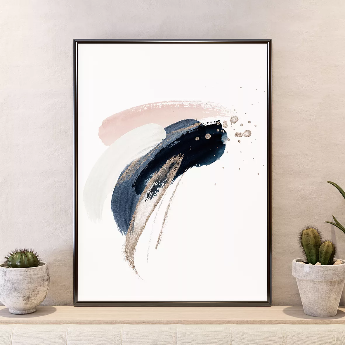 モダン墨絵アート3点セット:紺青とピンクの抽象的な筆跡デザイン