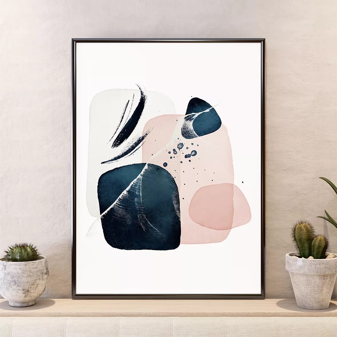 モダン墨絵アート3点セット:紺青とピンクの抽象的な筆跡デザイン