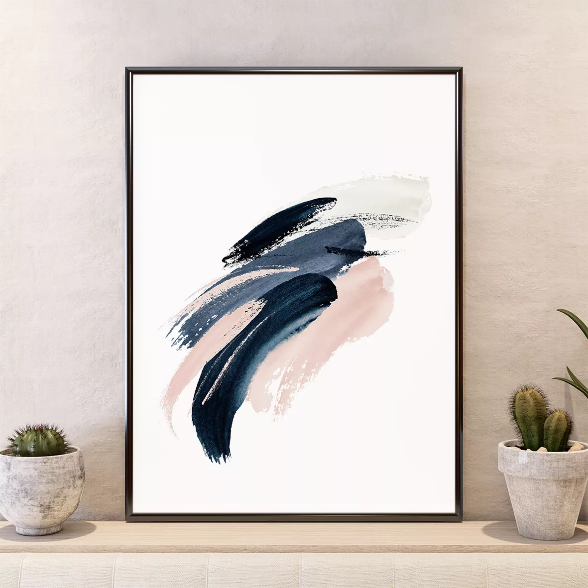 モダン墨絵アート3点セット:紺青とピンクの抽象的な筆跡デザイン