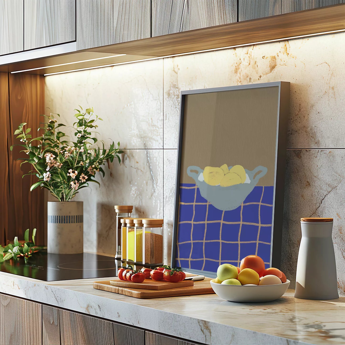 青いテーブルクロスの上に置かれた黄色いレモンの静物画アート