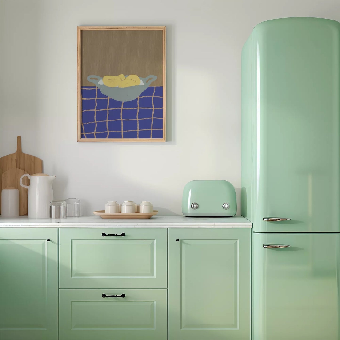 青いテーブルクロスの上に置かれた黄色いレモンの静物画アート