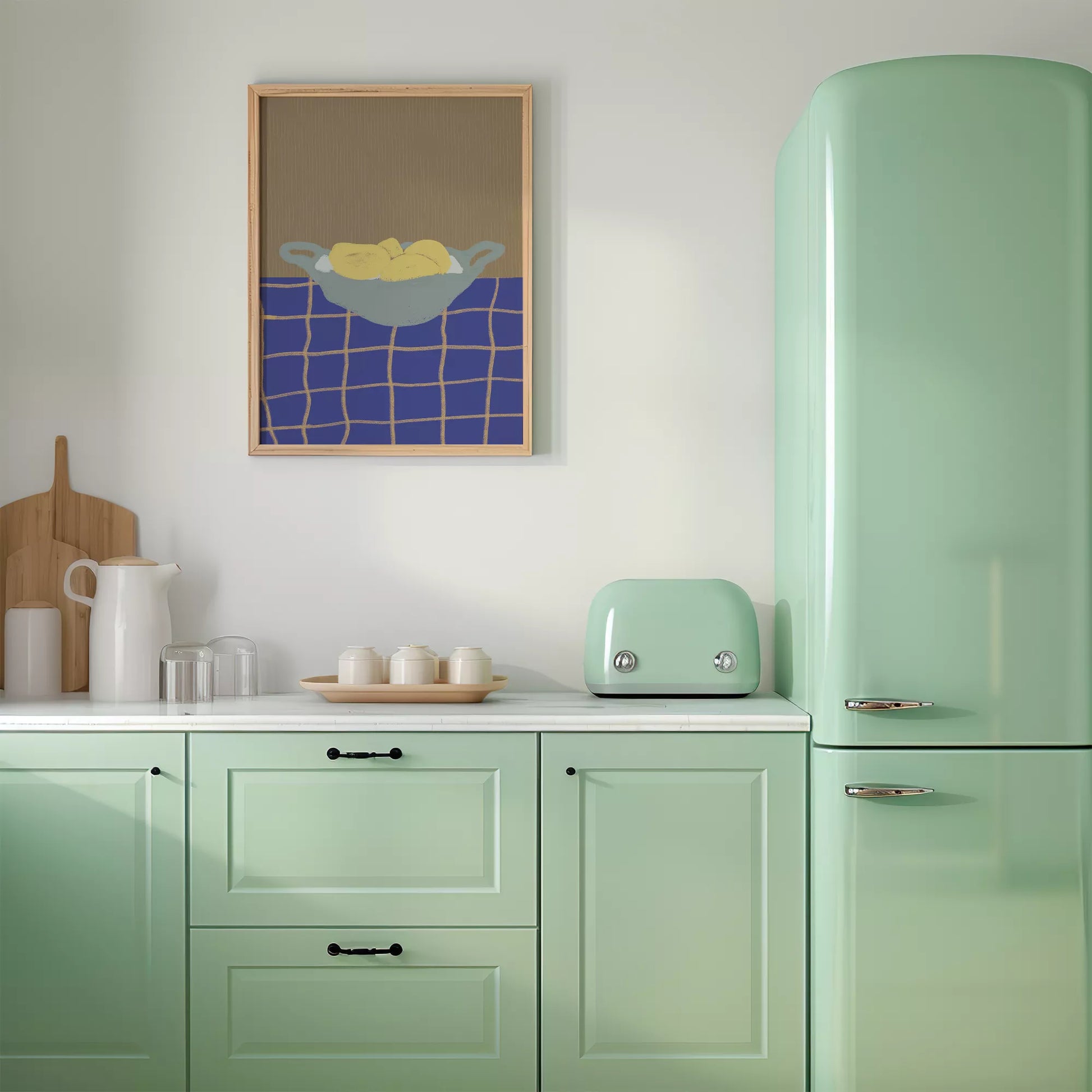 青いテーブルクロスの上に置かれた黄色いレモンの静物画アート