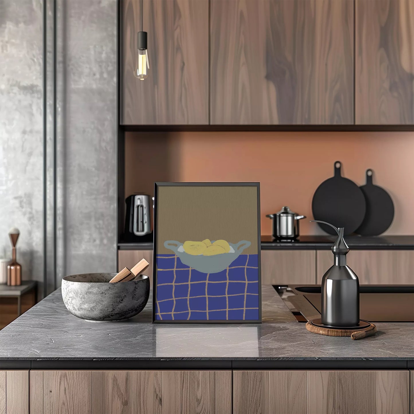 青いテーブルクロスの上に置かれた黄色いレモンの静物画アート