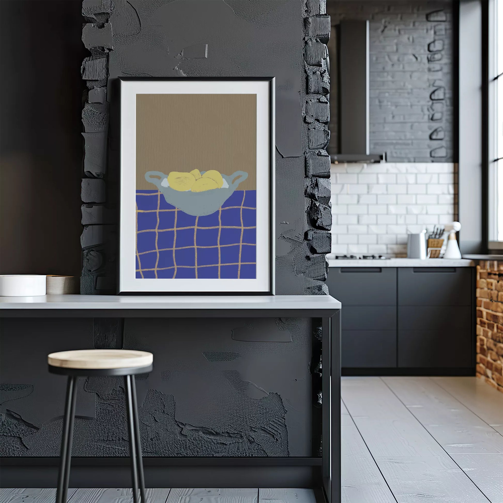 青いテーブルクロスの上に置かれた黄色いレモンの静物画アート